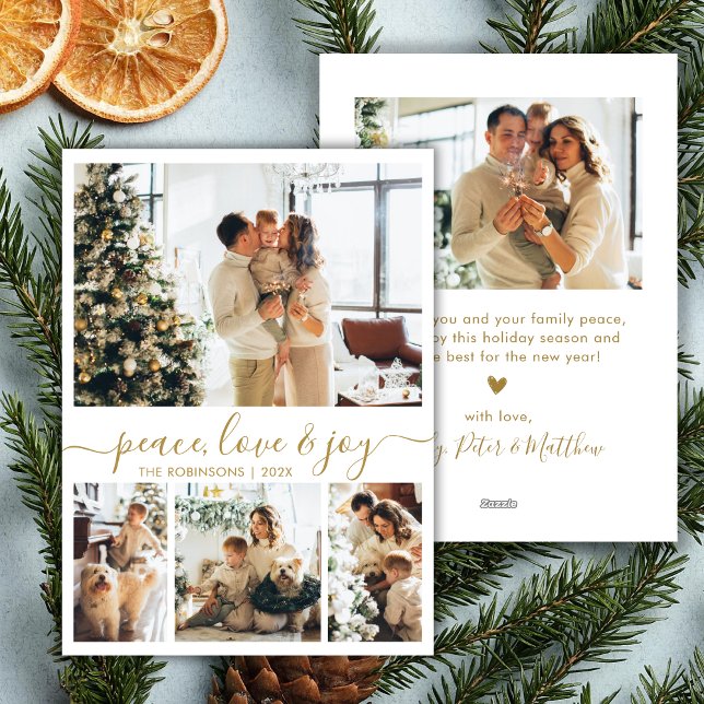 Peace Love and Joy Gold Script 4 Photo Christmas Holiday Card (Creator Uploaded)