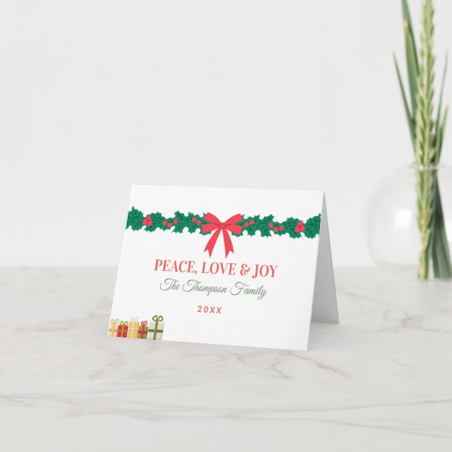 Peace Love and Joy Green Red Winter Greenery Holiday Card (Front)