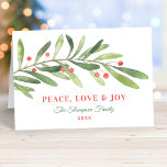Peace Love and Joy Green Red Winter Greenery Holiday Card<br><div class="desc">This stylish "Peace,  Love & Joy" holiday card features a modern and minimal green watercolor winter branch with red berry accents. The elegant text can be completely personalized with your choice of greeting,  family name,  year,  and a custom message inside the card.</div>