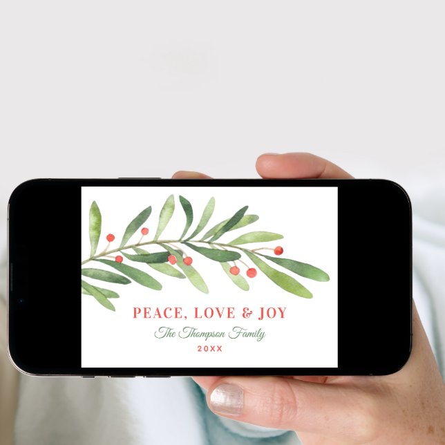 Peace Love and Joy Green Red Winter Greenery Holiday Card (Front Digital)