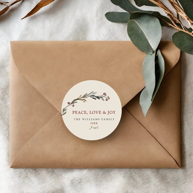 Peace Love and Joy Red Berries Greenery Classic Round Sticker (Creator Uploaded)