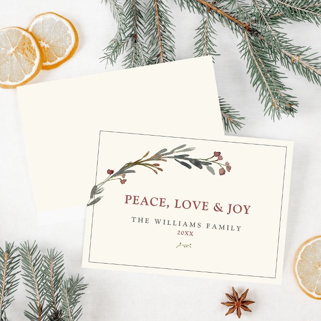 Peace Love and Joy Red Berries Greenery Holiday Card (Creator Uploaded)