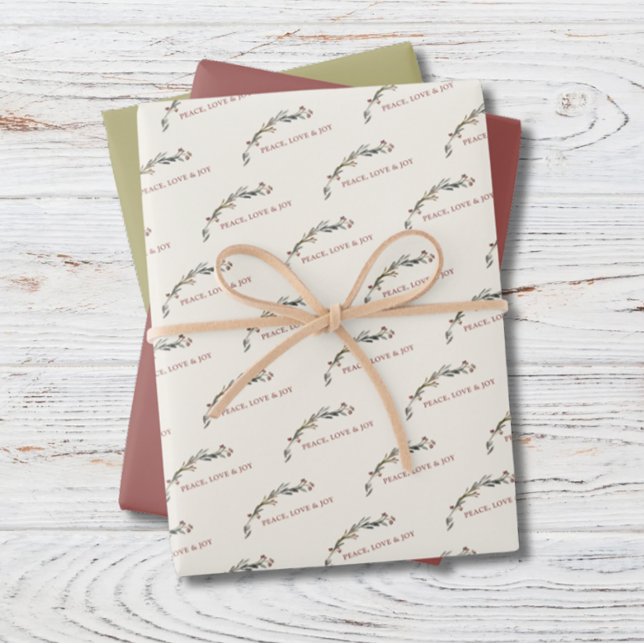 Peace Love and Joy Red Berries Greenery Holiday Wrapping Paper Sheets (Creator Uploaded)