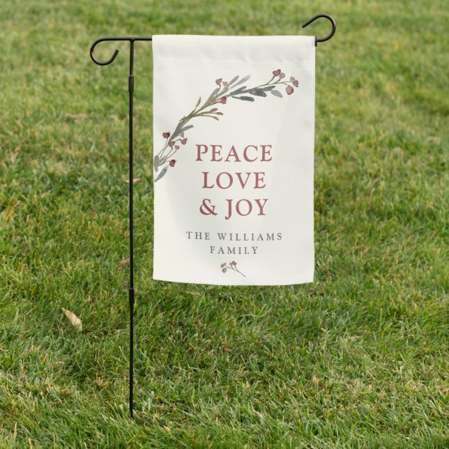 Peace Love and Joy Red Greenery Holiday Garden Flag (In SItu)