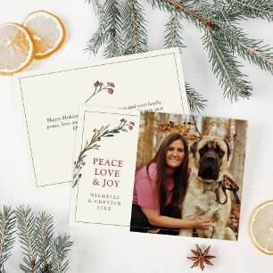 Peace Love and Joy Red Greenery Pet Photo Holiday Card