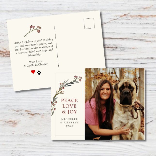 Peace Love and Joy Red Greenery Pet Photo Postcard (Creator Uploaded)