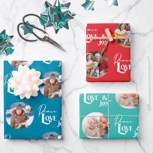 Peace Love and Joy Round Photos Set of 3 Wrapping Paper Sheets