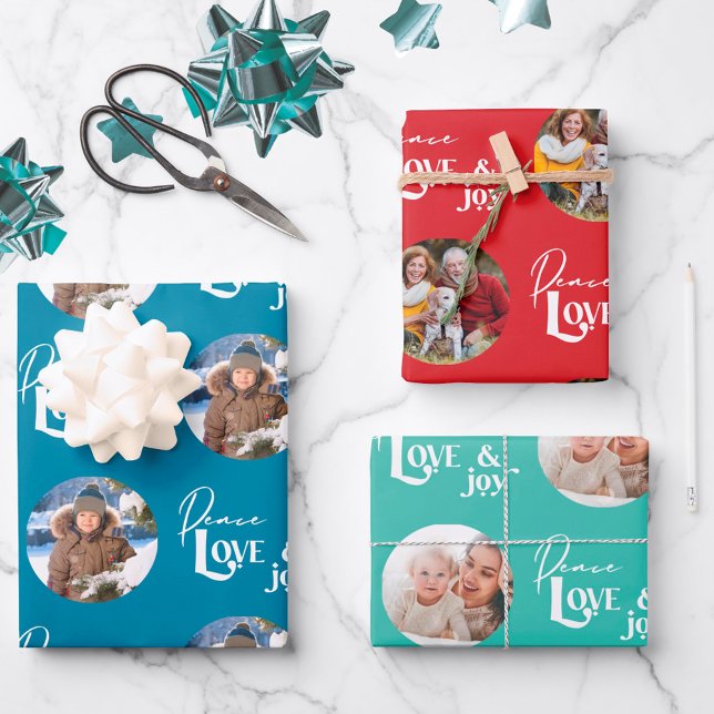 Peace Love and Joy Round Photos Set of 3 Wrapping Paper Sheets (Creator Uploaded)