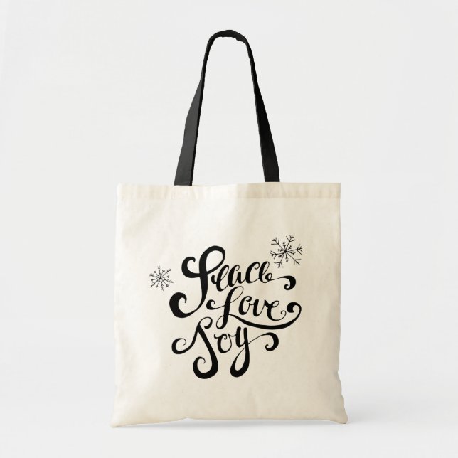 Peace, Love and Joy Rustic Typography Holiday Bag (Front)