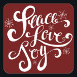 Peace Love and Joy Script Holiday Red Stickers<br><div class="desc">Whimsical holiday sticker featuring handwritten script and snowflakes. Other colors are available.</div>