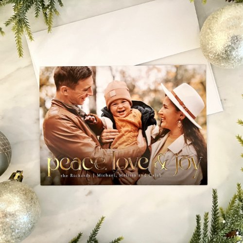 Peace Love and Joy simple foil photo holiday card