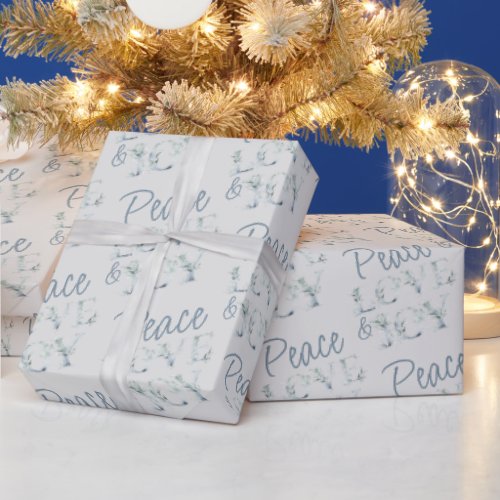 Peace Love and Joy Typographic Winter Greenery Wrapping Paper