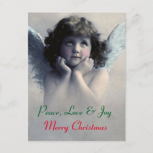 Peace love and joy Vintage Christmas angel Holiday Postcard