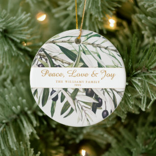 Peace Love and Joy Vintage Olive Branch Ceramic Ornament