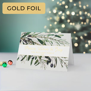 Peace Love and Joy Vintage Olive Branch Gold Foil Holiday Card