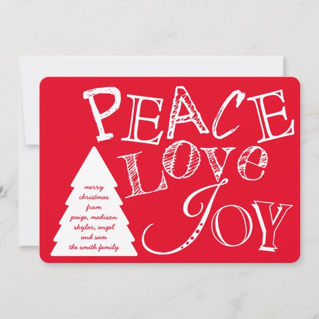 Peace Love And Joy White On Red Typography Holiday Card (Front)