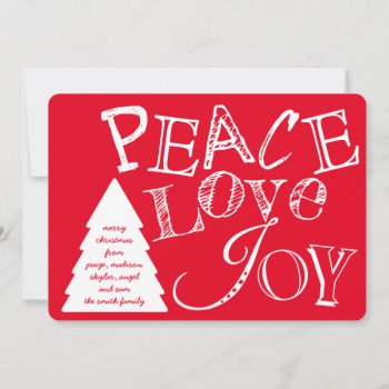 Peace Love And Joy White On Red Typography Holiday Card by ArtfulDesignsByVikki at Zazzle