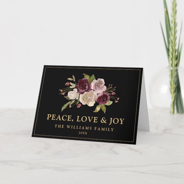 Peace Love and Joy Winter Bouquet Black Folded Holiday Card (Front)