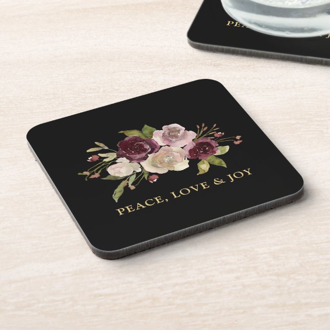Peace Love and Joy Winter Bouquet Black Holiday Beverage Coaster (Left Side)