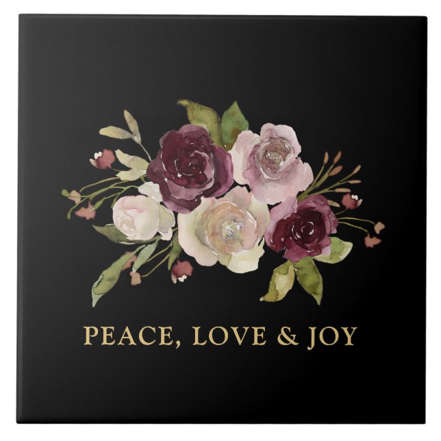 Peace Love and Joy Winter Bouquet Black Holiday Ceramic Tile (Front)