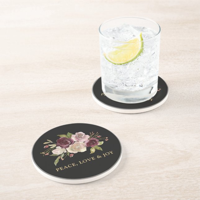 Peace Love and Joy Winter Bouquet Black Holiday Coaster (Side)