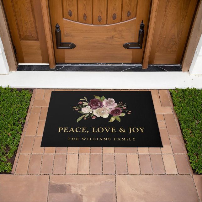 Peace Love and Joy Winter Bouquet Black Holiday Doormat (Outdoor)