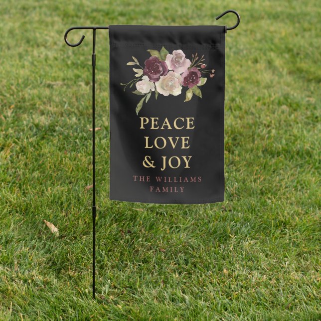 Peace Love and Joy Winter Bouquet Black Holiday Garden Flag (In SItu)