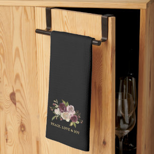 Peace Love and Joy Winter Bouquet Black Holiday Kitchen Towel