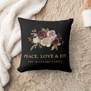 Peace Love and Joy Winter Bouquet Black Holiday Throw Pillow