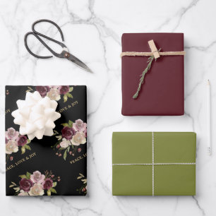 Peace Love and Joy Winter Bouquet Black Holiday Wrapping Paper Sheets