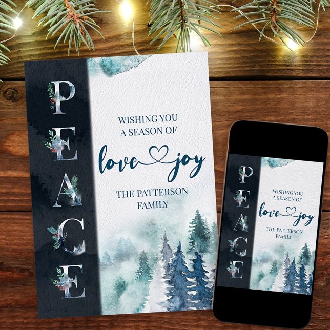 PEACE Love and Joy Winter Forest Christmas Holiday Card (Peace love & Joy Christmas Card. Buy professionally printed or as a printable digital download.)
