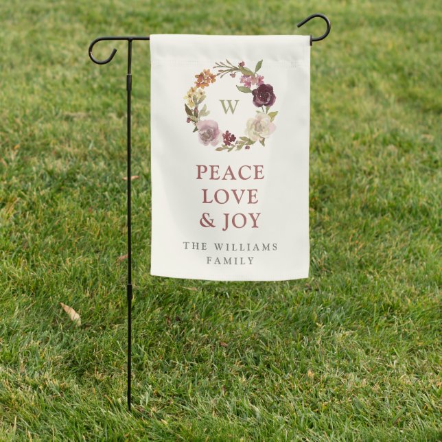 Peace Love and Joy Winter Wreath Monogram Holiday Garden Flag (In SItu)
