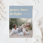 Peace Love and Light Light Blue Hanukkah Photo Foil Holiday Card<br><div class="desc">Peace,  love,  and light. | Send your Hanukkah greetings to family and friends with this customizable Hanukkah card. It features retro bold typography. Personalize this photo Hanukkah card by adding your details. This gold foil Hanukkah card is available in other colors and cardstock. Matching items are also available.</div>