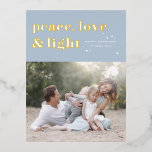 Peace Love and Light Light Blue Hanukkah Photo Foil Holiday Postcard<br><div class="desc">Peace,  love,  and light. | Send your Hanukkah greetings to family and friends with this customizable Hanukkah postcard. It features retro bold typography. Personalize this photo Hanukkah postcard by adding your details. This gold foil Hanukkah postcard is available in other colors and cardstock. Matching items are also available.</div>