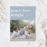 Peace Love and Light Light Blue Hanukkah Photo Holiday Card<br><div class="desc">Peace,  love,  and light. | Send your Hanukkah greetings to family and friends with this customizable Hanukkah card. It features retro bold typography. Personalize this photo Hanukkah card by adding your details. This custom Hanukkah card is available in other colors and cardstock. Matching items are also available.</div>