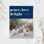 Peace Love and Light Navy Blue Hanukkah Photo Foil Holiday Card<br><div class="desc">Peace,  love,  and light. | Send your Hanukkah greetings to family and friends with this customizable Hanukkah card. It features retro bold typography. Personalize this photo Hanukkah card by adding your details. This silver foil Hanukkah card is available in other colors and cardstock. Matching items are also available.</div>
