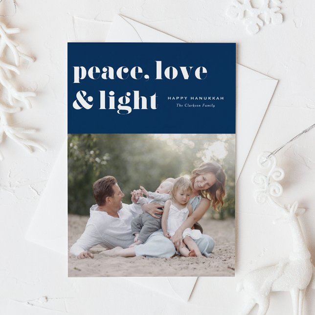 Peace Love and Light Navy Blue Hanukkah Photo Foil Holiday Card (Creator Uploaded)