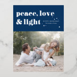 Peace Love and Light Navy Blue Hanukkah Photo Foil Holiday Postcard<br><div class="desc">Peace,  love,  and light. | Send your Hanukkah greetings to family and friends with this customizable Hanukkah postcard. It features retro bold typography. Personalize this photo Hanukkah postcard by adding your details. This silver foil Hanukkah postcard is available in other colors and cardstock. Matching items are also available.</div>