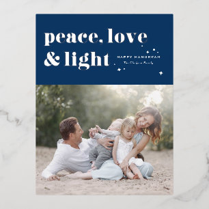 Peace Love and Light Navy Blue Hanukkah Photo Foil Holiday Postcard