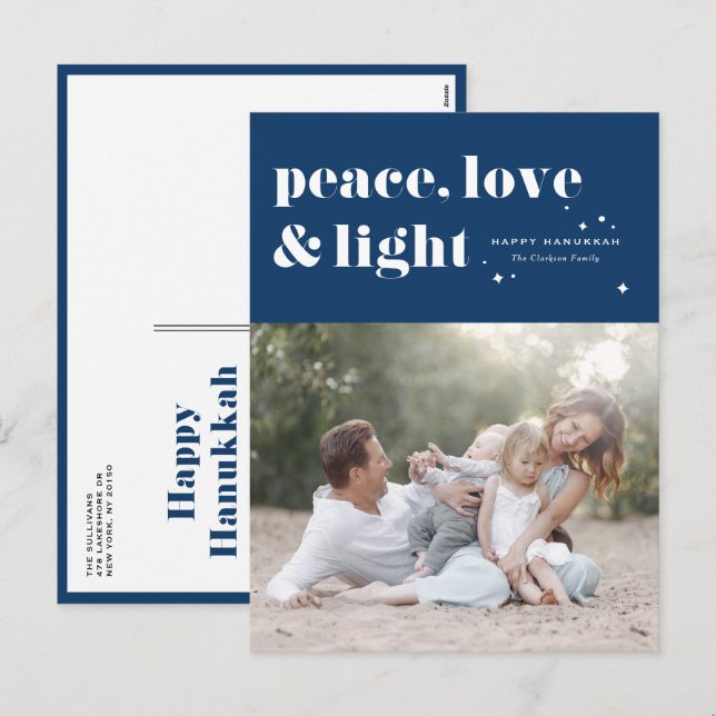Peace Love and Light Navy Blue Hanukkah Photo Holiday Postcard (Front/Back)
