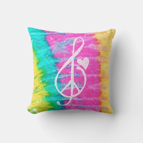 Peace Love and Music Note Tie Dye Throw Pillow