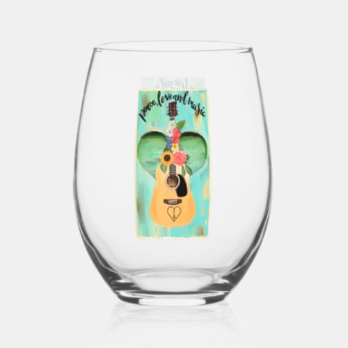 Peace Love and Music Stemless Wine Glass