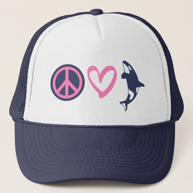 Peace, Love, and Orcas Trucker Hat (Front)