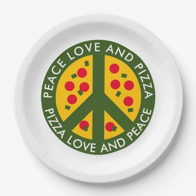 Peace love and pizza funny disposable party plates (Front)