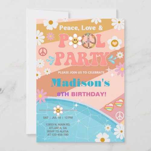 Peace Love and Pool Party groovy birthday Invitation