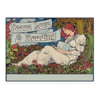 Peace love and reading postcard