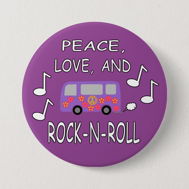 Peace Love and Rock-N-Roll Bus Pinback Button (Front)