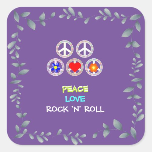 Peace Love and Rock n Roll Square Sticker