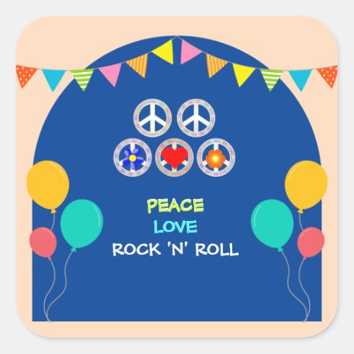 Peace Love and Rock n Roll Square Sticker