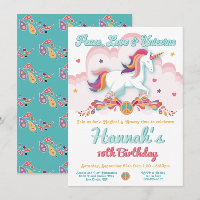 Peace Love and Unicorns Hippie BIrthday Party Invitation (Front/Back)